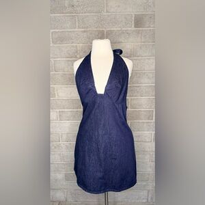 Free People Dark Wash Denim Halter Mini Dress Open Back Tie Neck Zip Back M